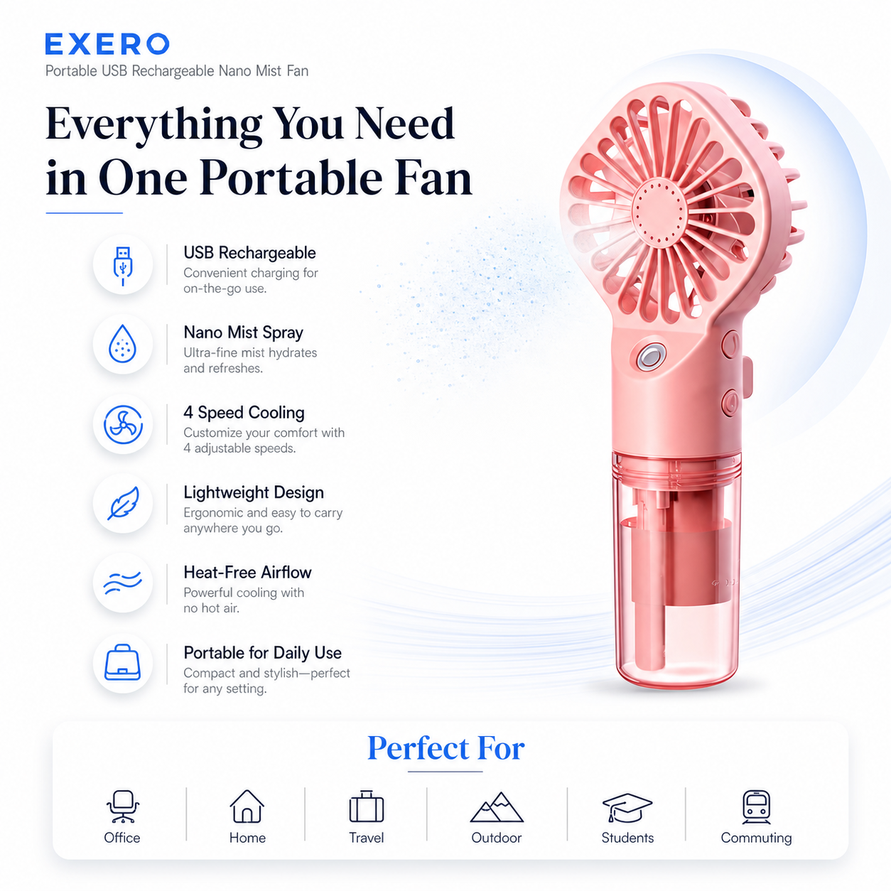 Portable USB Rechargeable Nano Mist Fan with 4 Speed Cooling